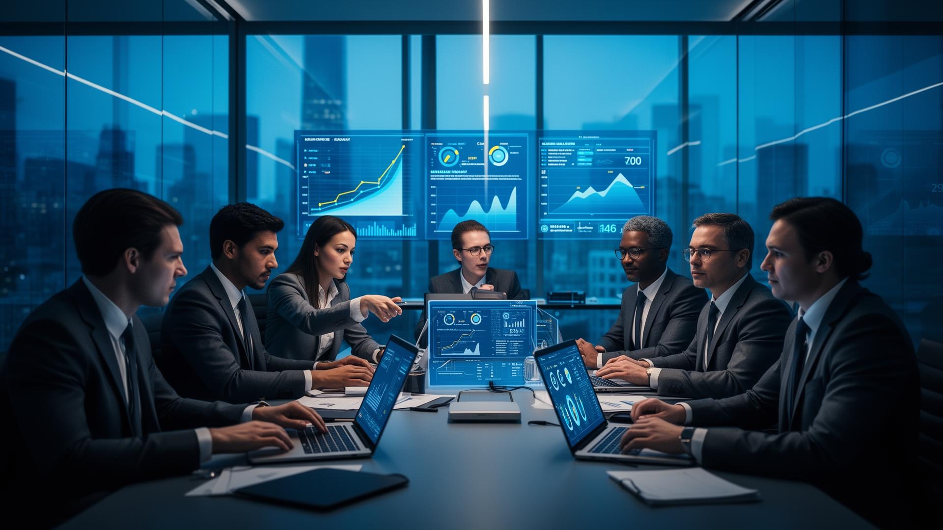 Equipe corporativa analisando dashboards de crescimento empresarial